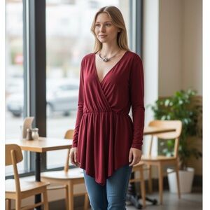 SHEIN CURVE LONG SLEEVES FAUX WRAP BLOUSE WOMEN’S SIZE 4XL NWOT. BURGUNDY.